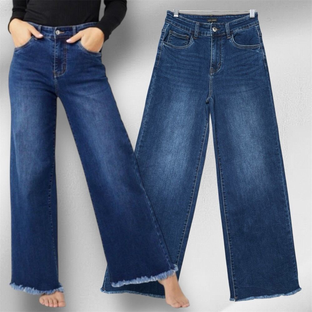 Coco + Carmen Wide Leg Women’s Size M (Waist 26”) Raw Hem Stretch Blue Jeans